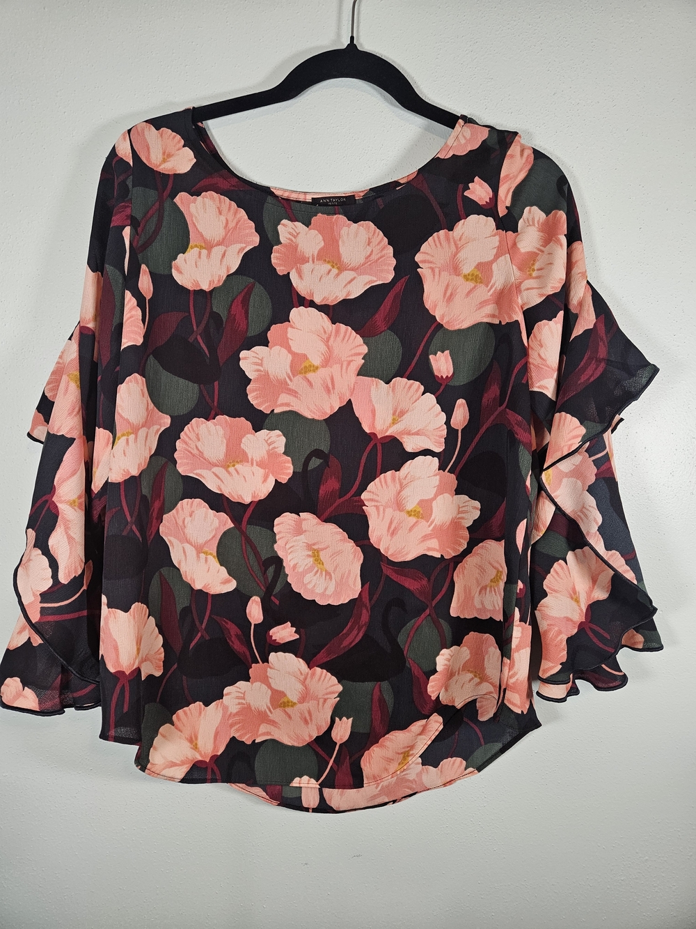 Ann Taylor Black Blouse with Coral Pink Floral Print